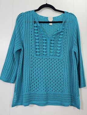 Chico’s 3P Petite XL Teal Open Knit Crochet Top Boho Tunic Beach Cover
